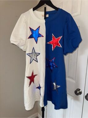 Peach Love California White and Blue Star Patch Tee Dress
